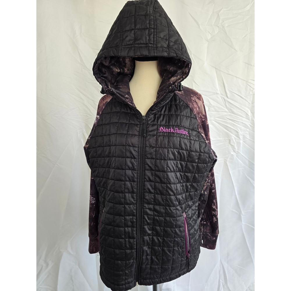 Black Antler Womens Quilted Hooded Jacket Camo Sleeves Pink Logo Size XL‎